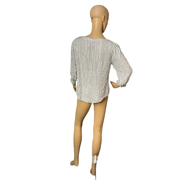 Adrienne Vittadini Women's White Silver Metallic Striped Banded V- Neck Blouse M - Picture 5 of 9